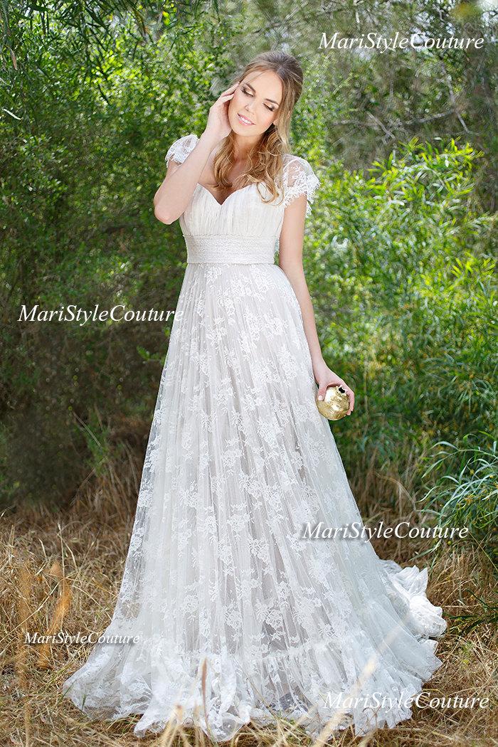 Hochzeit - Lace Wedding dress in Vintage Style ,Open V-back wedding gown, Boho wedding, Garden Wedding, Vintage wedding dress