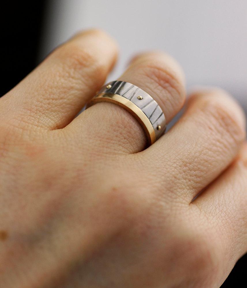 Mariage - unique wedding band set,  mens or womens palladium and gold ring, gold wedding band, womens wedding ring, mens wedding ring