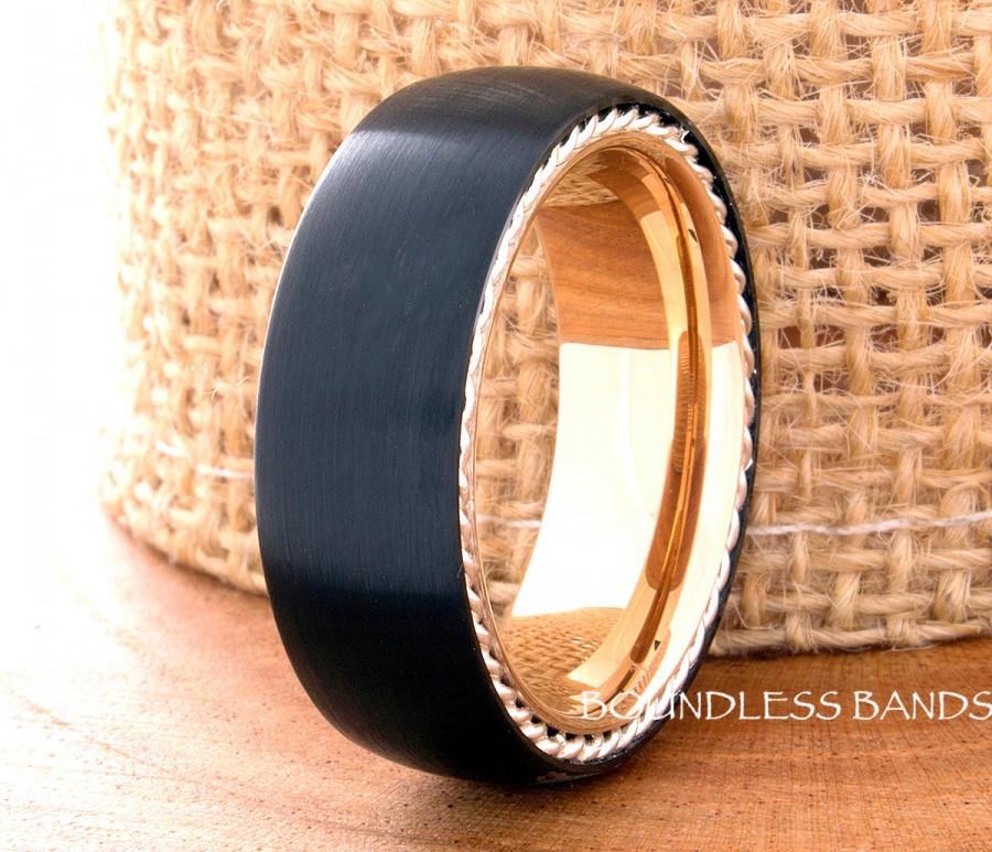 Wedding - RESERVED Yellow and Black Tungsten Wedding Band Twisted Silver Rope Dome 8mm