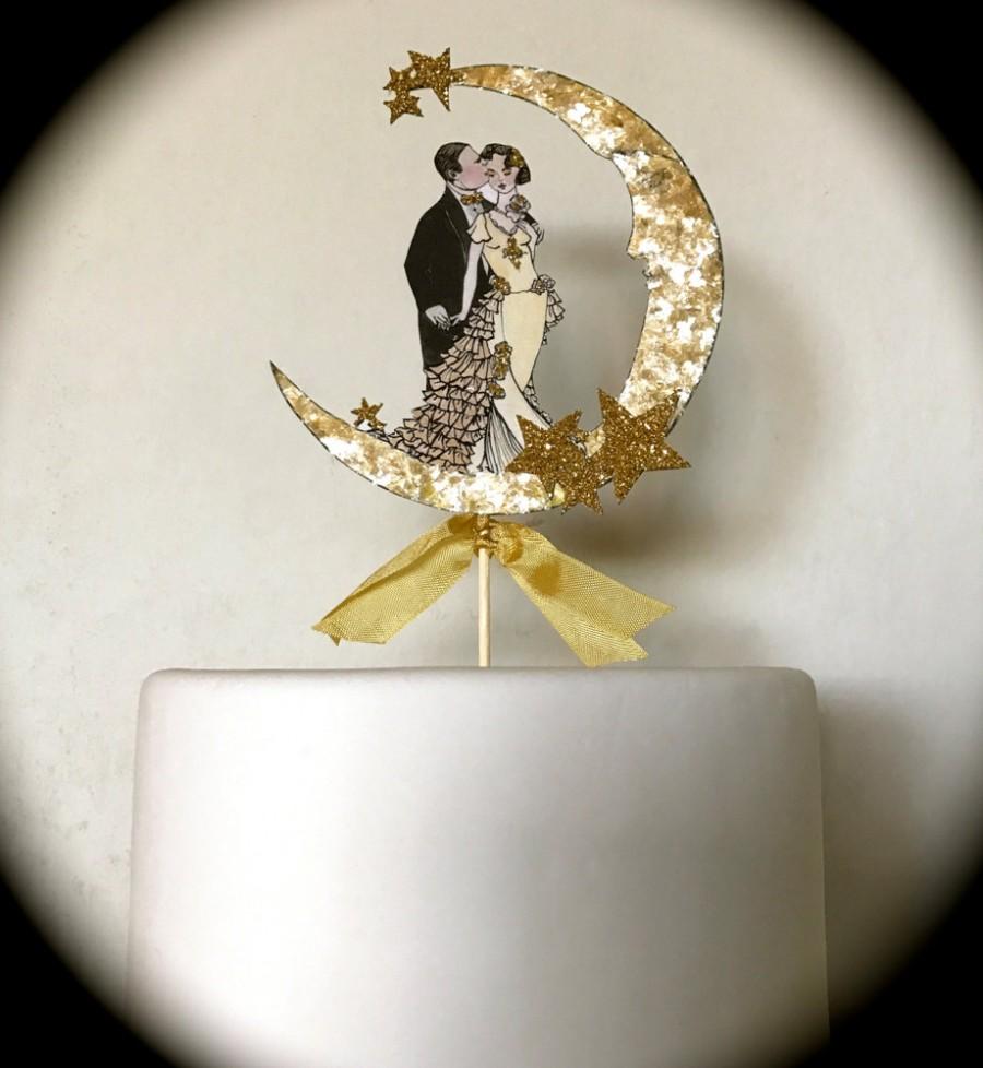 زفاف - Wedding Cake Topper, Moon and Stars, Great Gatsby, Bride and Groom, 14 Karat Gold Glitter Detail