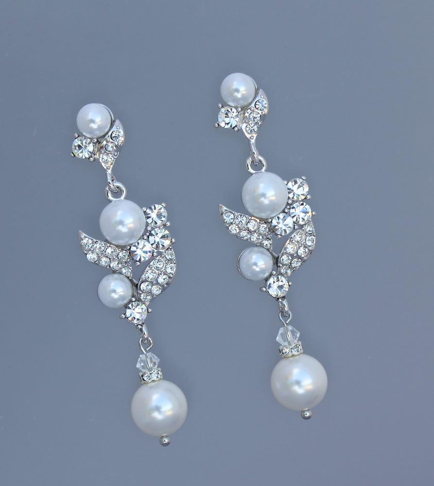 Wedding - Chandelier Pearl Bridal Earrings, Crystal Leaf and Pearl Drop Earrings, Pearl Dangle Earrings, Rhinestone Earrings, ERIN
