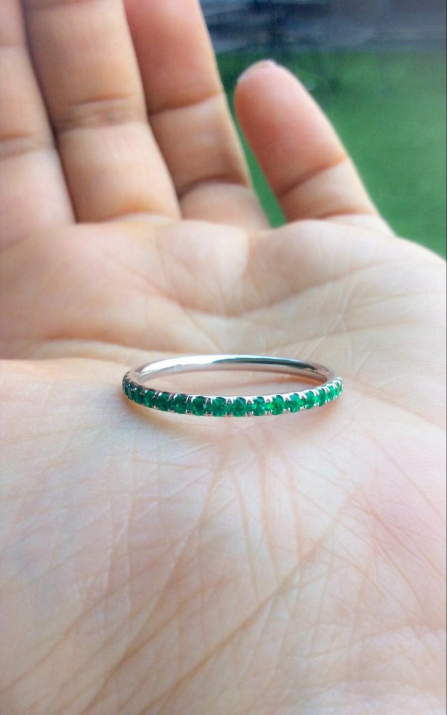 Mariage - 14K Pave Emerald Half Eternity Band 1.8mm White Gold Emerald Matching Band 14K Natural Emerald Infinity 14K Green Birthstone 1.8mm Stacking