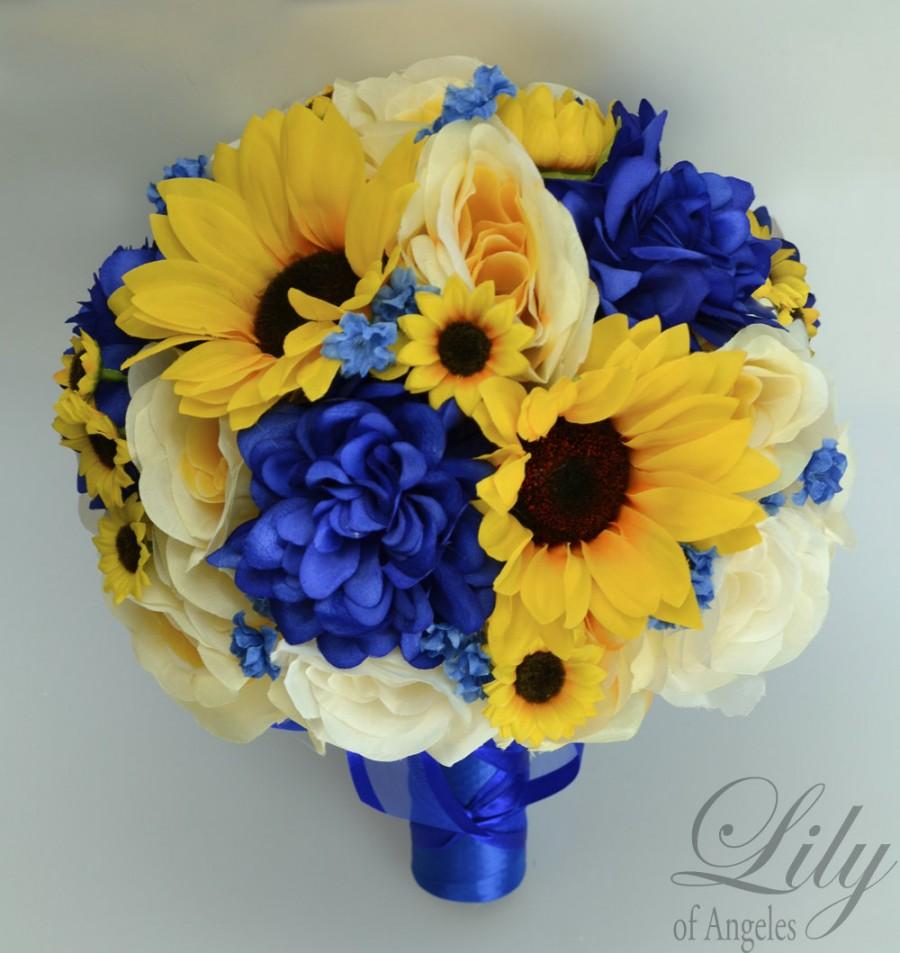 17 pieces Wedding Bridal Bouquet Round Sunflower Package Decoration YELLOW NAVY 