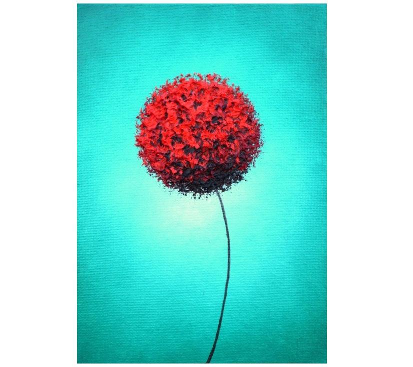 Wedding - ORIGINAL Oil Painting, Dandelion Flower Contemporary Art Miniature Painting, Red Flower Art, Abstract Floral Art, Impasto Wall Art, 5x7