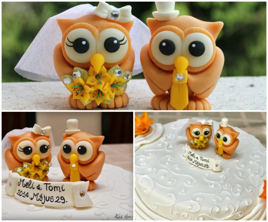 Hochzeit - Owl cake topper for wedding, love bird bride and groom, lily bouquet