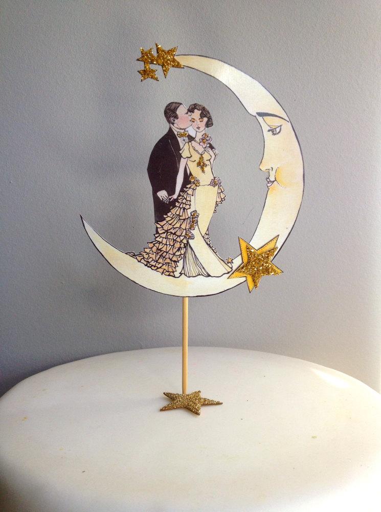 زفاف - Moon Wedding Cake Topper, Great Gatsby, Vintage Glam, Glitter 14 Karat Gold, Art Deco Bride and Groom