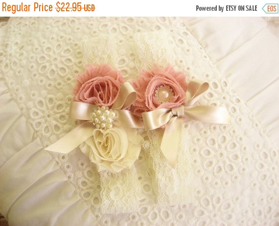 Hochzeit - WEDDING SALE 20% OFF Garter Heirloom Rose Wedding Garter Set with Toss Garter Heirloom Rose and Tea Stained Ivory with Rhinestones and Pearl