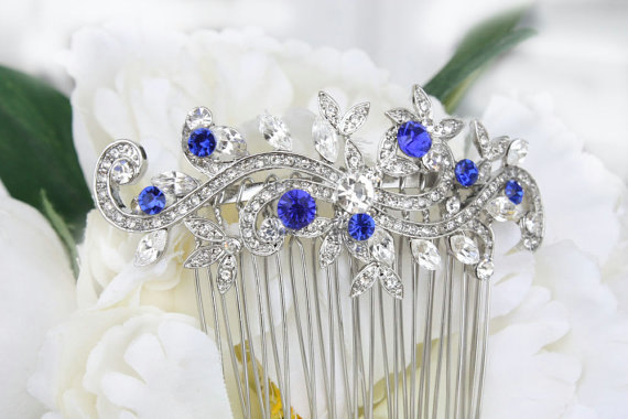 زفاف - sapphire blue crystal rhinestone bridal hair comb royal blue rhinestone silver hair comb blue wedding hair comb bridal hair accessories blue