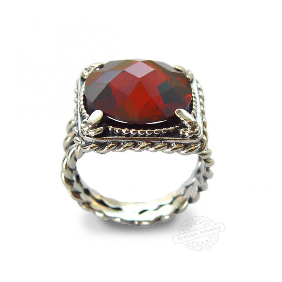 زفاف - Red clear gemstone ring, Cubic zircon ring,  Sterling silver cable ring, Vintage style ring, large statement ring, Big Stone engagement ring