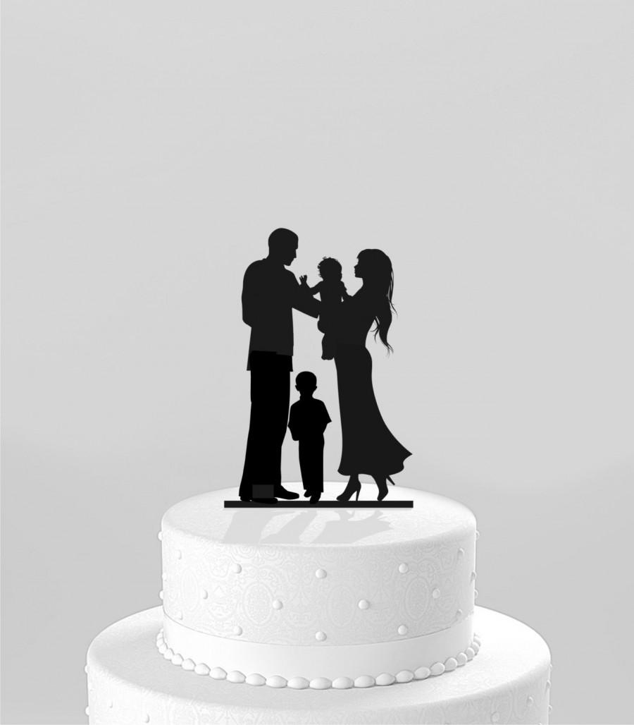 Wedding Bride & Groom Silhouette with Kid Acrylic Wedding Cake Topper Black 