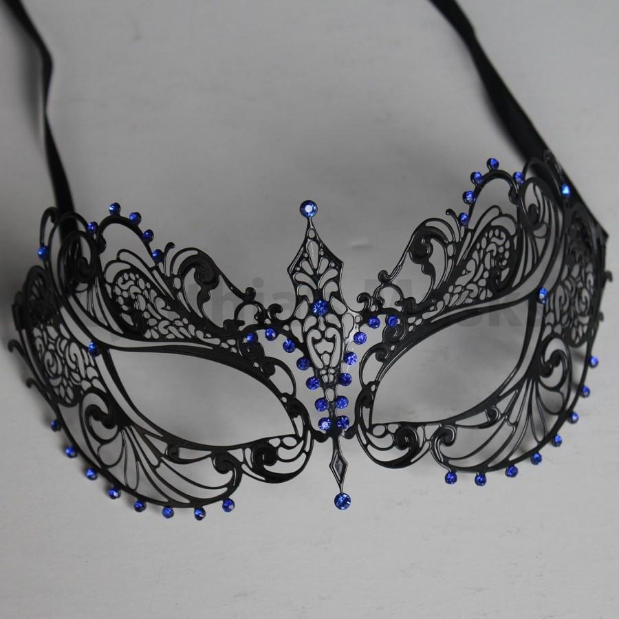 Свадьба - Black laser cut Venetian Phoenix Mask Masquerade w/ Blue Rhinestones  SKU: 7K32