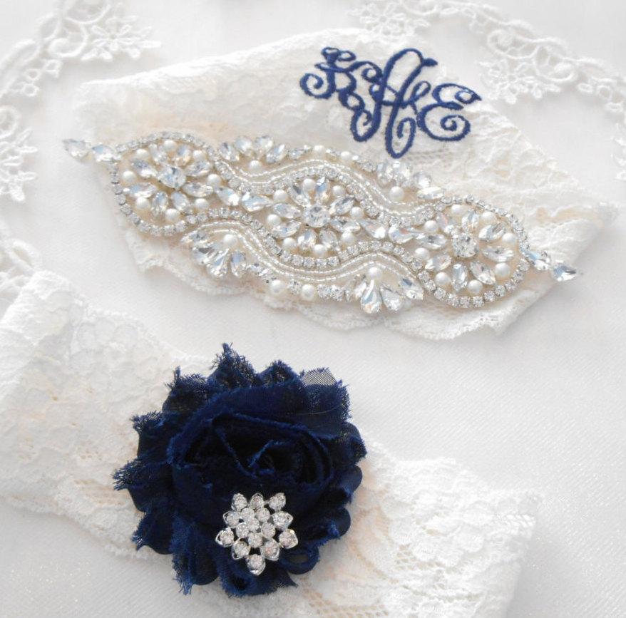 Wedding - Wedding Garter Set MONOGRAM OPTION Lingerie Lace Classic Pearls and Rhinestone Setting Shabby Rose Bridal Garter Set