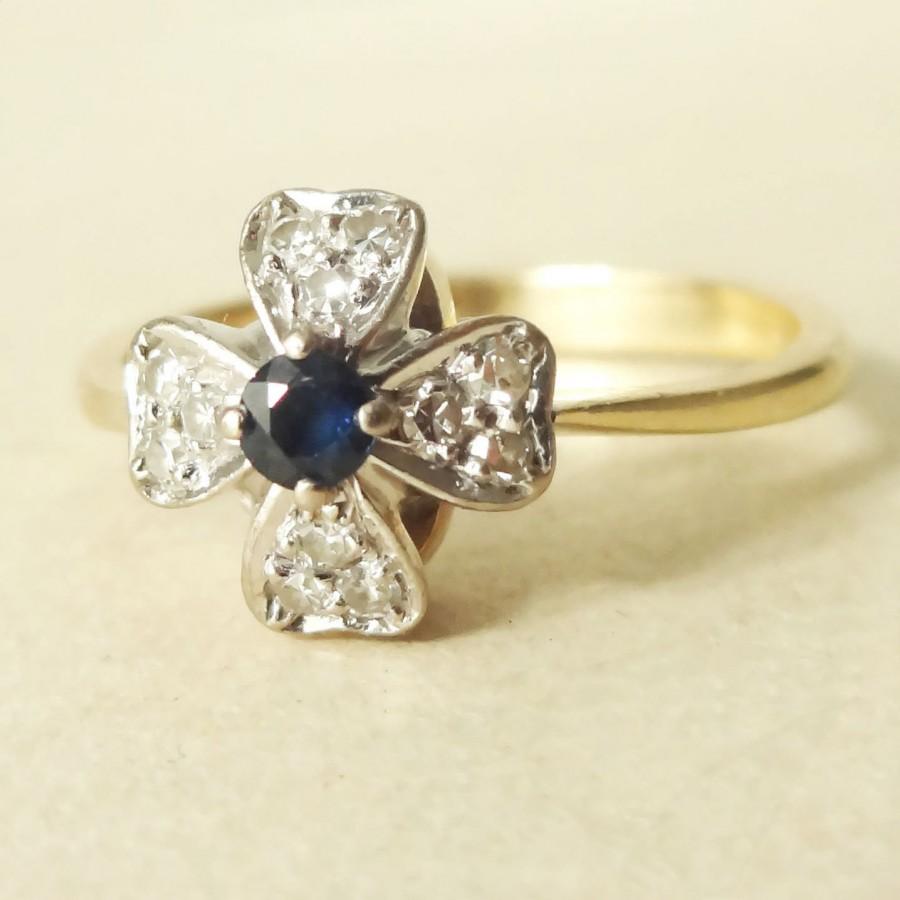 Wedding - Vintage Sapphire & Diamond Flower Ring, Sapphire, Diamond and 9k Gold Ring, Approximate Size US 6.5