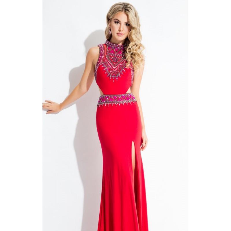 Wedding - Red Beaded Jersey Slit Gown by Rachel Allan - Color Your Classy Wardrobe