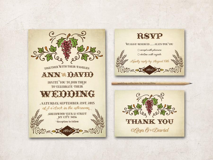 Свадьба - Country Wedding Invitation Printable, Fall Wedding Invitation, Vineyard Wedding Invitation Set, Rustic Wedding Invitation Suite