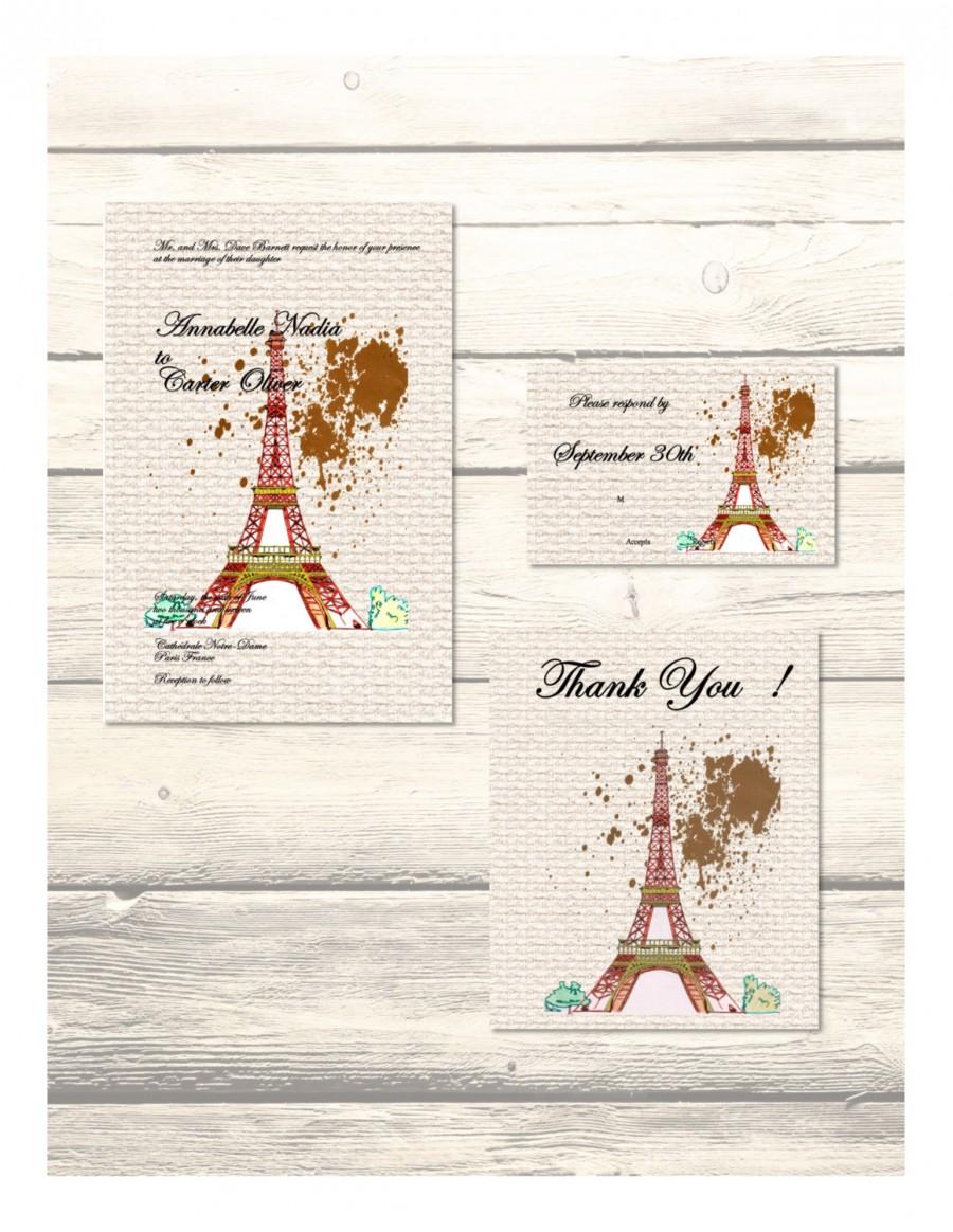 Свадьба - Set of Eiffel Tower Paris- Destination Wedding Invitation, RSVP & Thank You Cards Customizable - Printable Digital Download