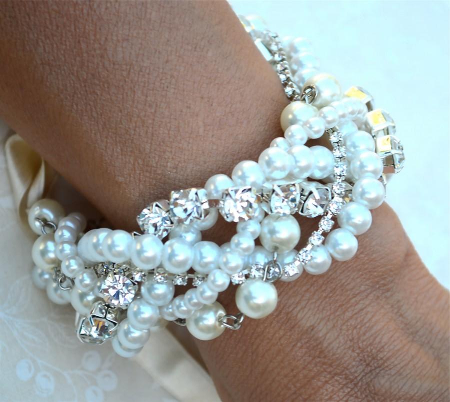 زفاف - Chunky Pearl Bridesmaid Bracelet and Earrings Set, Crystal & Pearl Bridesmaid Bracelet, Ribbon, Swarovski Crystal and Pearl Wedding Bracelet