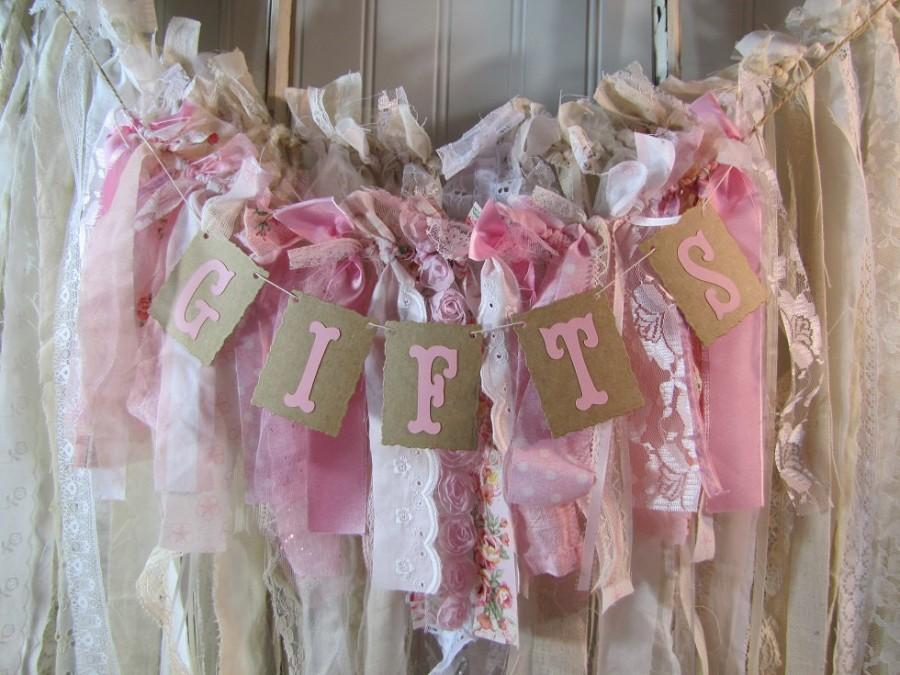 Mariage - Tattered Fabric Lace Garland Gifts Banner Shabby Chic Vintage Barn Wedding Baby Shower Romantic Prairie Pinks