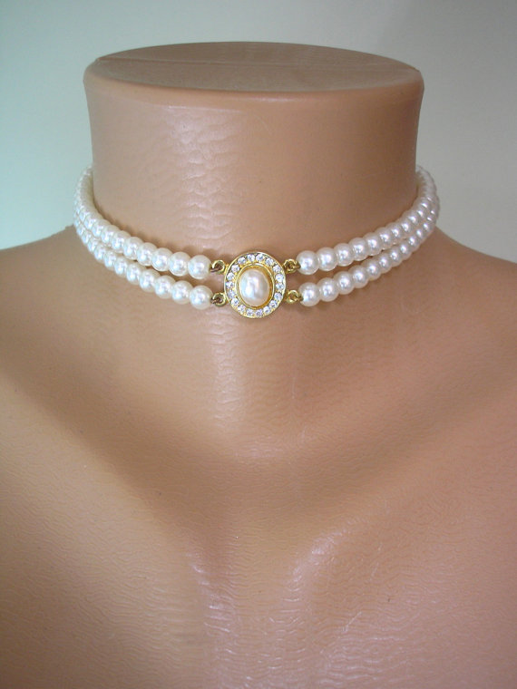 Mariage - Pearl Choker, Great Gatsby, Pearl Necklace, 2 Strand Pearls, Ivory Pearls, Vintage Wedding, Bridal Choker, Art Deco, Edwardian Style