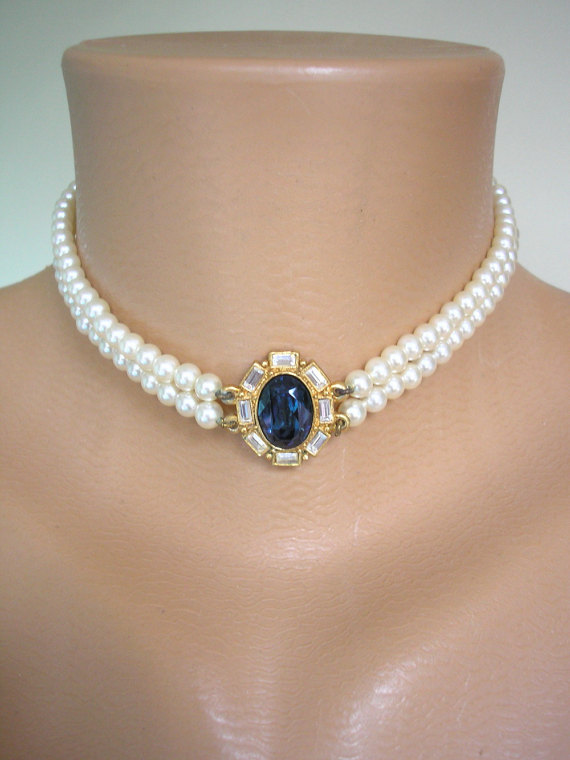 Hochzeit - Sapphire Choker, Bridal Necklace, Statement Choker, Pearl Necklace, Great Gatsby, ROSITA, Pearl Choker, Bridal Jewelry, Mother Of The Bride