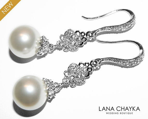 زفاف - Bridal Pearl Chandelier Earrings Swarovski 10mm White Pearl Earrings Pearl Drop Bridal Earrings Wedding Pearl Jewelry Bridesmaid Jewlery