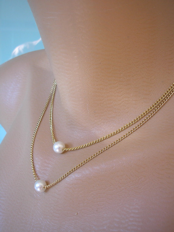 Wedding - Minimalist Pearl Necklace, Pearl Choker, Floating Pearl Necklace, Bridesmaid Gift, Layered Jewelry, Delicate Jewelry, Double Strand, Gold