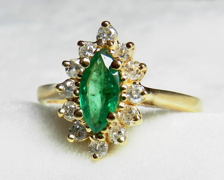 Mariage - Emerald Ring 1.35 Ct Engagement Ring 14K Ring Colombian Emerald Ring 14k Gold Ring Emerald Ring Art Deco Diamond Halo Ring May Birthstone