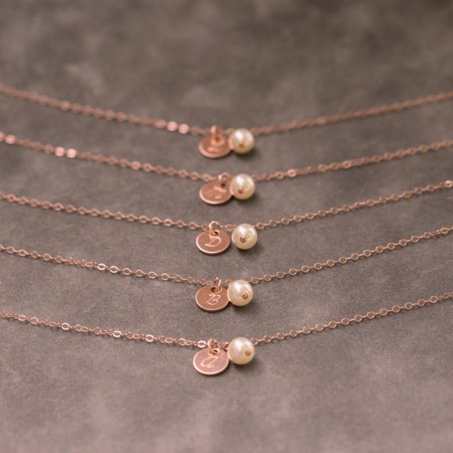 Mariage - Bridesmaid Bracelet Rose Gold, Bridesdmaid Gift Set of 5, Pearl Personalized Initial Bracelet, Rose Gold Jewelry