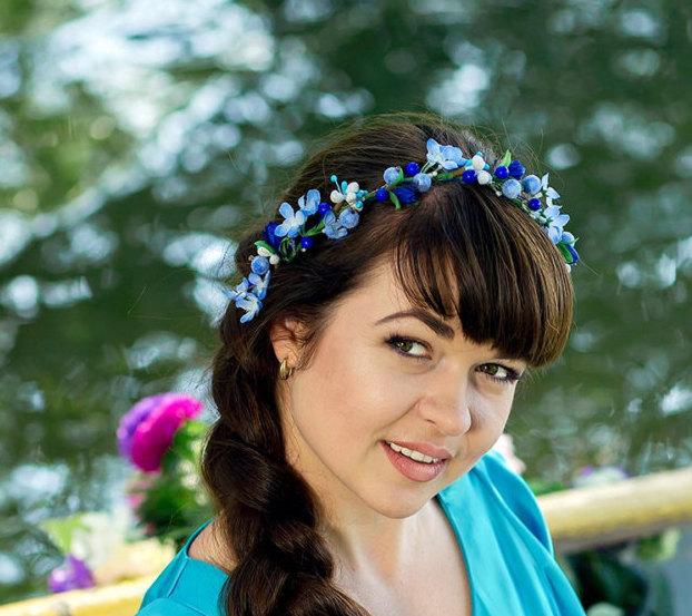 Свадьба - Flower headband blue Flower halo Wedding flower crown Bridal flower headpiece Wedding flower headband Rustic flower wreath Girl flower crown