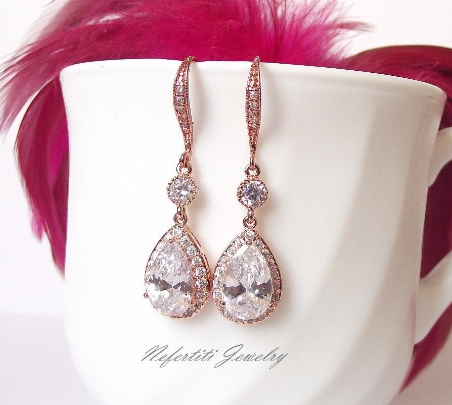 Mariage - rose gold wedding earrings rose gold bridal earrings crystal drop earrings wedding earings cubic zirconia bridesmaid earrings
