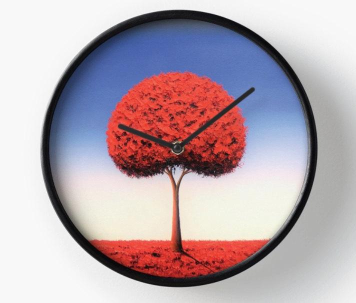 Mariage - Red Tree Wall Clock, Minimalist Wood Framed Clock, Contemporary Tree Art Clock, Circle Clock, Red and Blue Decor, Modern Circular Clock