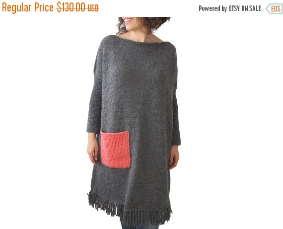 Mariage - 20% WINTER SALE Dark Gray Hand Knitted Dress with Pink Pocket