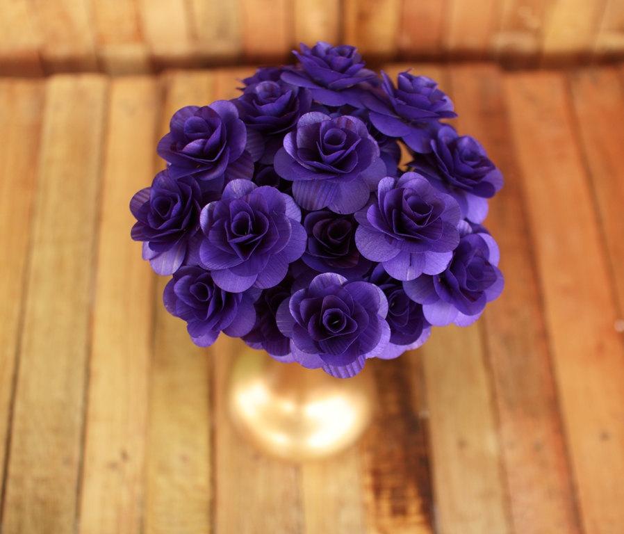 زفاف - Dark Purple Wooden Roses  - Two Dozens  with Wire Stem - 2 inches diameter