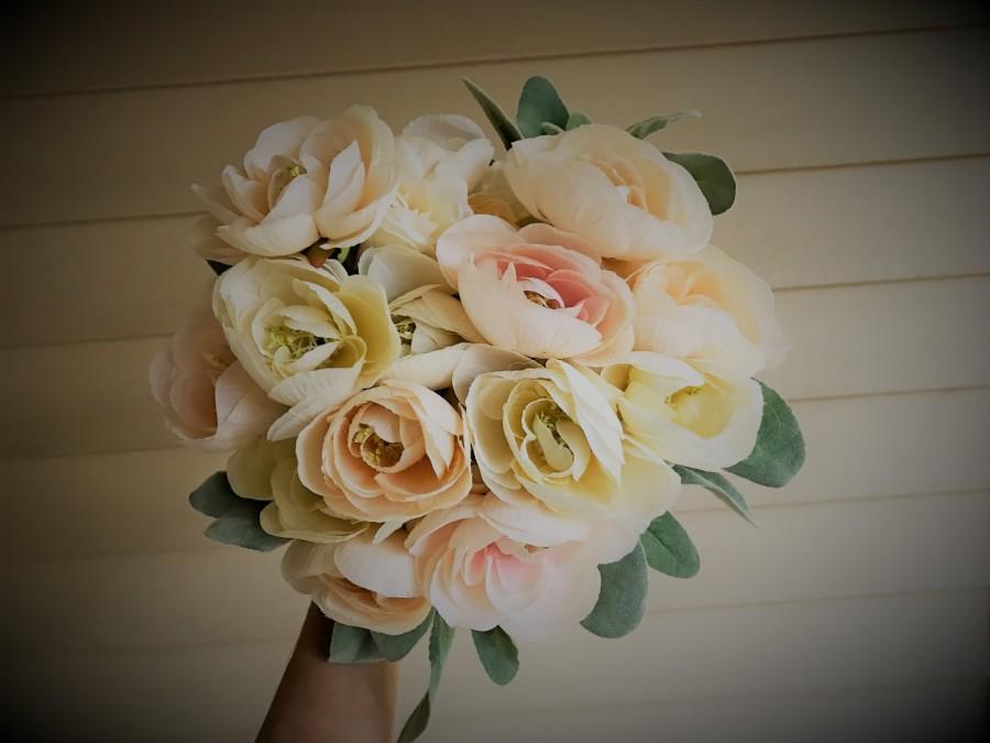 Hochzeit - Blush, champagne, and ivory ranunculus bridal keepsake wedding bouquet, bridesmaid bouquet, faux bouquet, flower bouquet, artificial bouquet