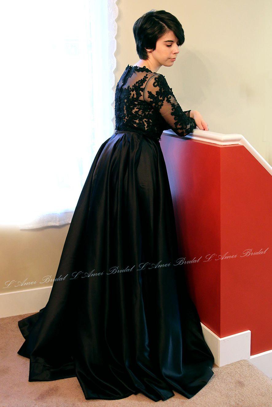 Hochzeit - Gorgeous 2 Piece Black Lace Goth Wedding Prom Graduation Dress with Long Sleeves