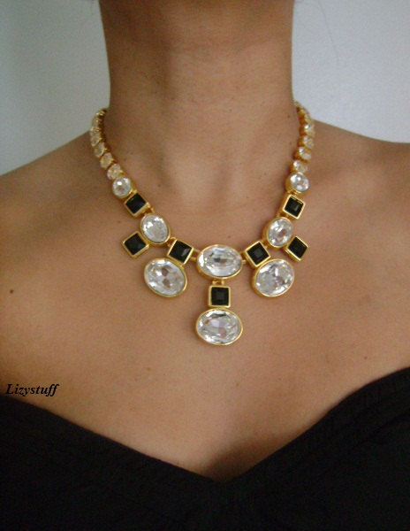 Свадьба - Dazzling MONET Goldtone W/Large Oval/Round Faceted Crystal Rhinestones & Black Square Onyx Jewels Festoon Drape Fancy Evening Party Necklace