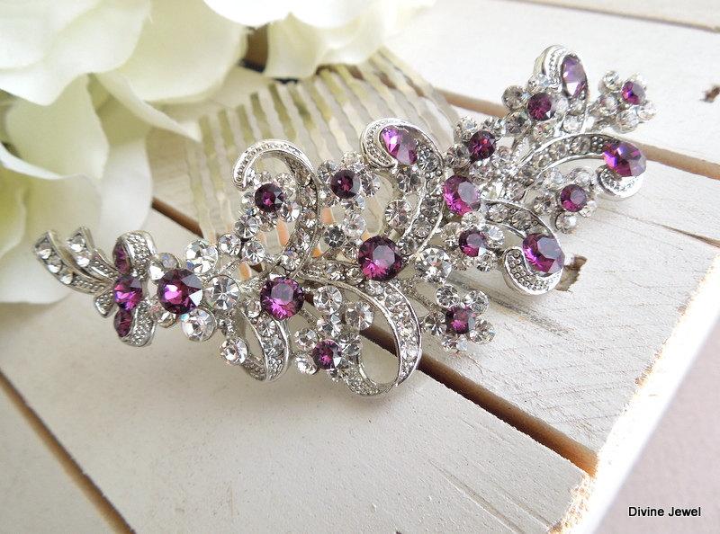 زفاف - Purple Swarovski Crystal and Pearl Wedding Comb,Wedding Hair Accessories,Vintage Style Flower and Leaf Rhinestone Bridal Hair Comb,MARCY