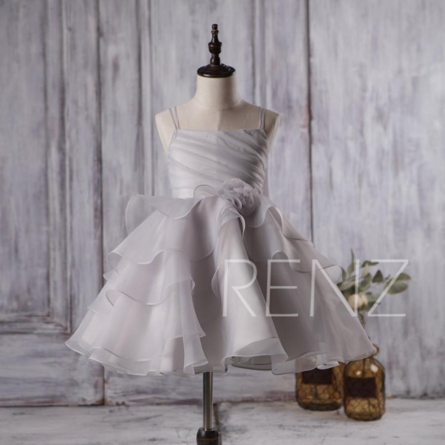 Hochzeit - 2016 Light Gray Junior Bridesmaid Dress, Spaghetti Strap Flower Girl Dress, Organza Ruffle Puffy Dress, Rosette Dress Floor Length (HK215)