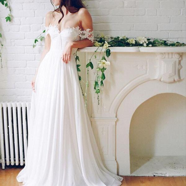 Hochzeit - 2017 Popular Off Shoulder Long A-line White Chiffon Sexy Lace Wedding Dresses, WD0138