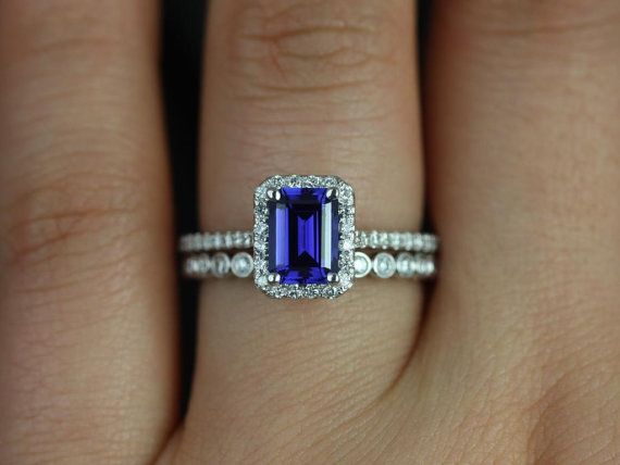 Hochzeit - Lisette 7x5mm & Petite Bubbles 14kt White Gold Emerald Cut Blue Sapphire And Diamonds Halo Wedding Set (Other Center Stone Available)