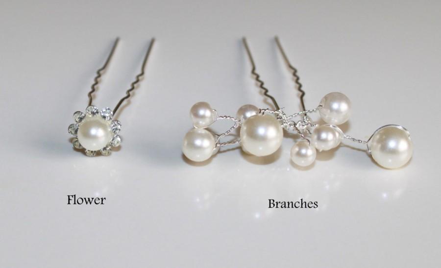 Mariage - Ivory Pearl and Rhinestone Wedding Hair Pins- Shape of Flower and Pearl Branches- Set of  Pearl Hair Pins- Rhinestone Pearl Hair Accesories