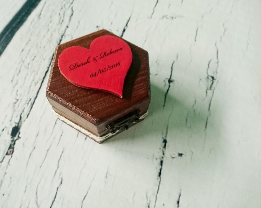 Hochzeit - Red heart engagement wedding ring box, proposal box, cute sweet romantic rustic wooden personalised writing custom ring box cotton lace