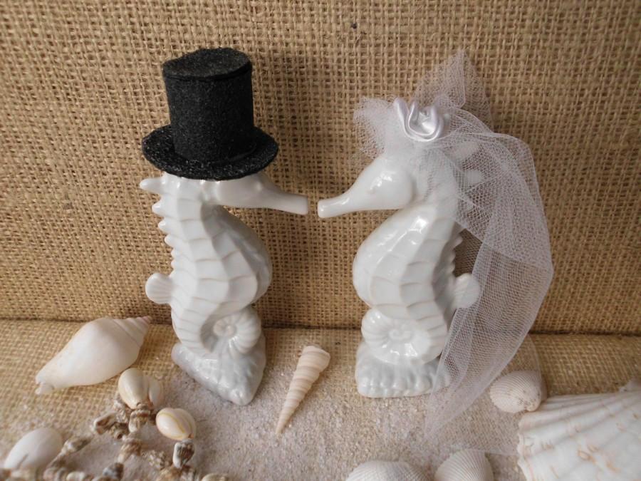 Wedding - Beautiful Adorable White Tropical Kissing Seahorse Ceramic Wedding Cake Toppers Beach Seashore Coastal Centerpiece Destination Weddings
