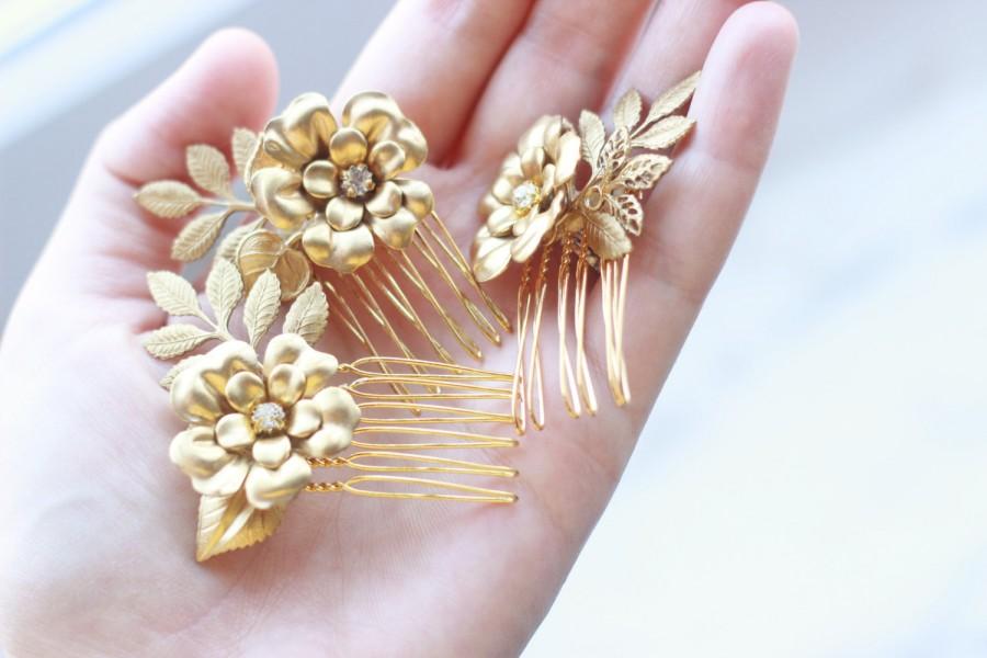 Свадьба - Bridal Hair Vintage Brass Flower Rhinestone Mini Combs, Set of three, Harvest Combs