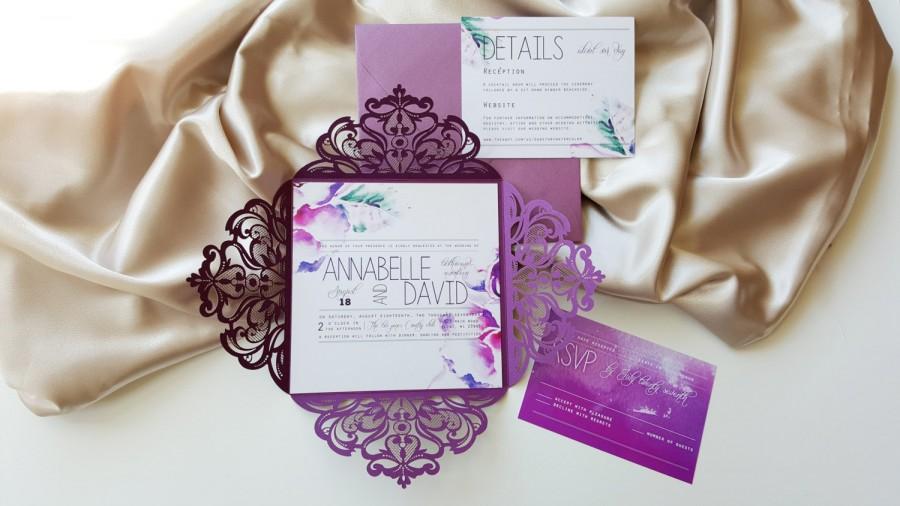 زفاف - Purple Watercolor Wedding invitations - Stunning bespoke modern laser cut wedding invitation {Panama design Sku: PanBar01}