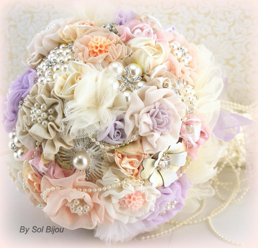 Mariage - Brooch Bouquet, Peach, Lilac, Ivory, Blush, Pastels Bouquet, Elegant Wedding, Vintage Wedding, Linen, Lace Bouquet, Crystals, Pearls