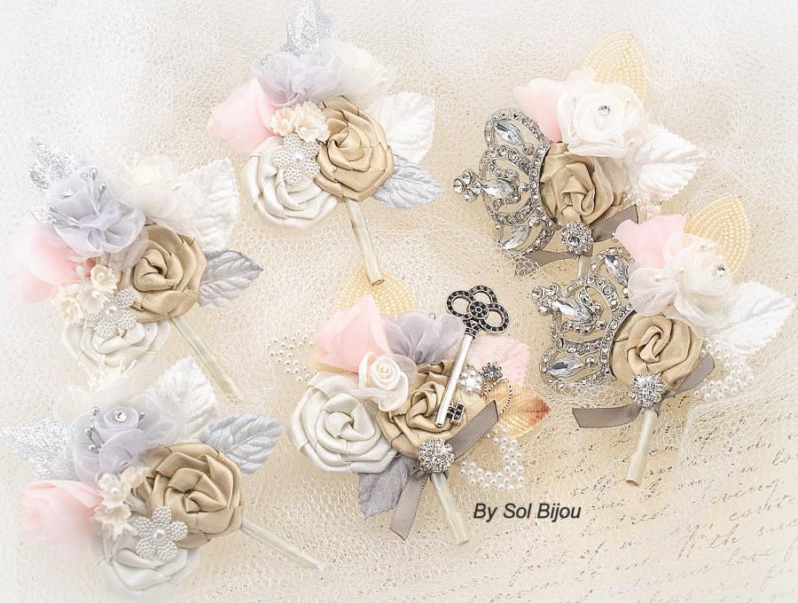 Mariage - Boutonnieres, Champagne, Silver, Tan, Beige, Ivory, Pink, Gray, Corsages, Groomsmen, Skeleton Key, Mother of the Bride, Elegant Wedding