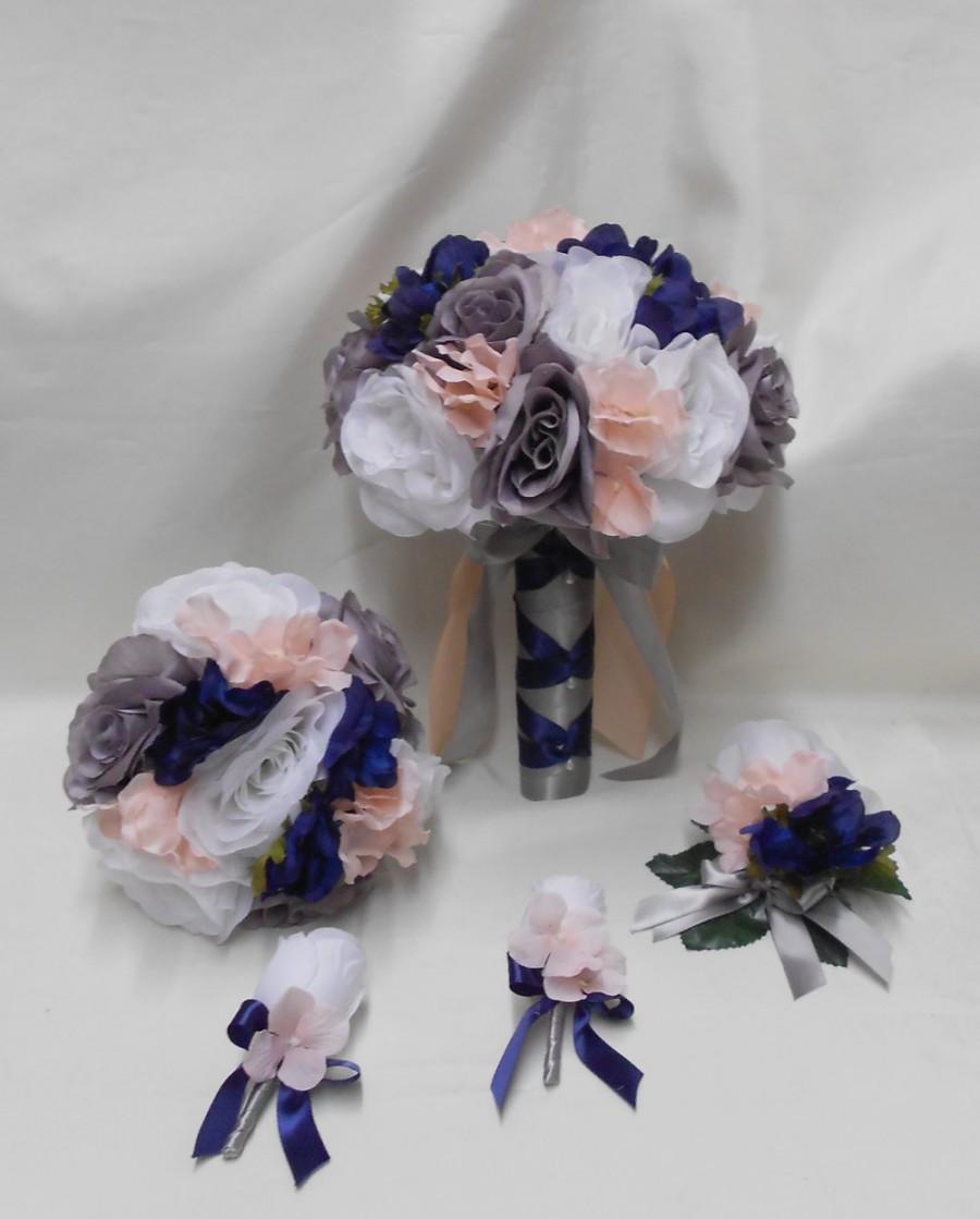 Hochzeit - Wedding Silk Flower Bridal Bouquets 18 pcs Package White Grey Navy Blue Pink/Blush Toss Bridesmaids  Boutonnieres Corsages FREE SHIPPING