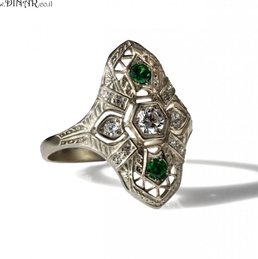زفاف - Antique Diamond Engagement Ring 14k yellow gold Edwardian Filigree emeralds and diamonds ring, Diamond green emerald antique engagement ring
