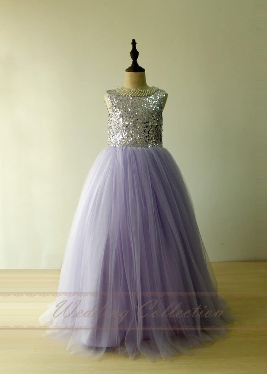 Mariage - Light Purple Flower Girls Dress Sequin Top Birthday Party Dress with Pearls Floor Length